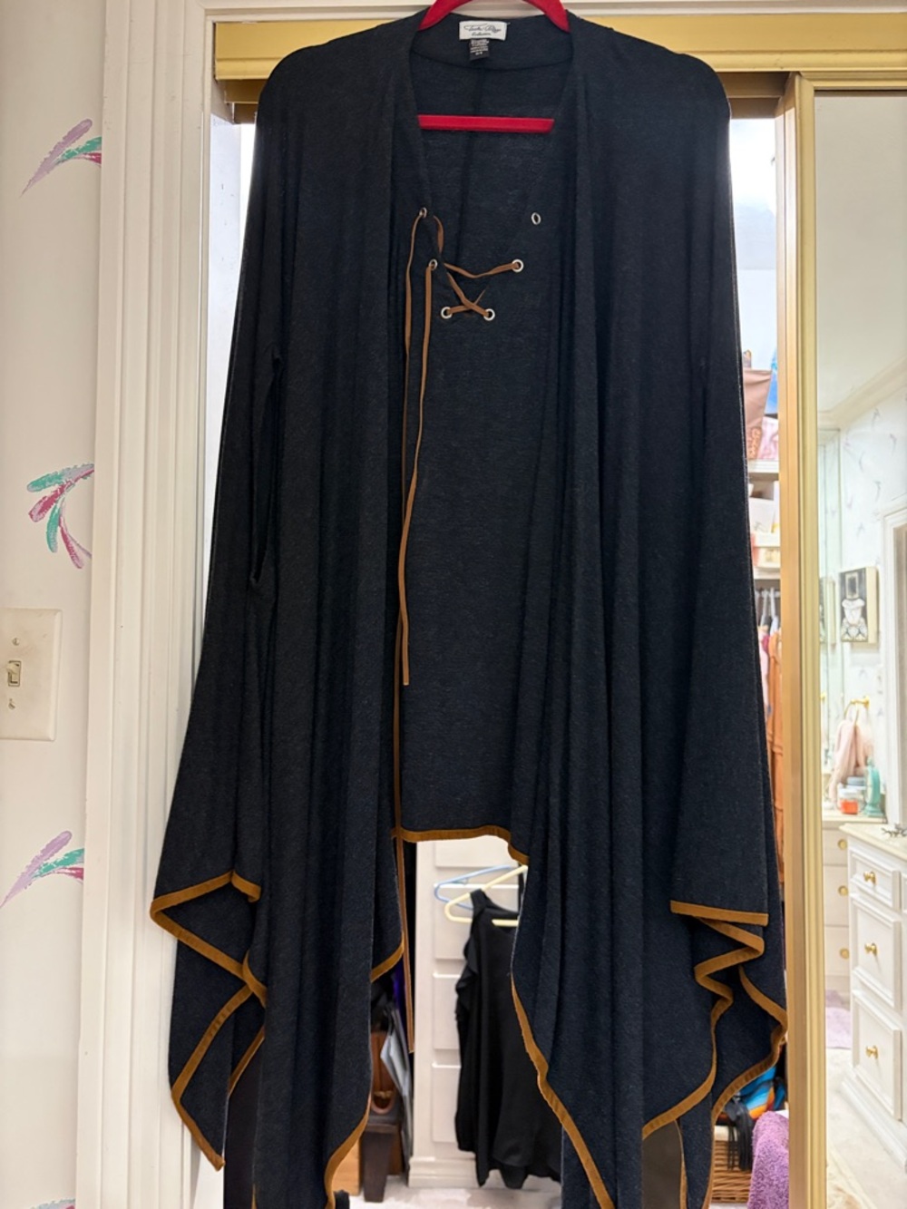Black poncho Drape Cardigan with Tan Trim Tasha Polizzi collection